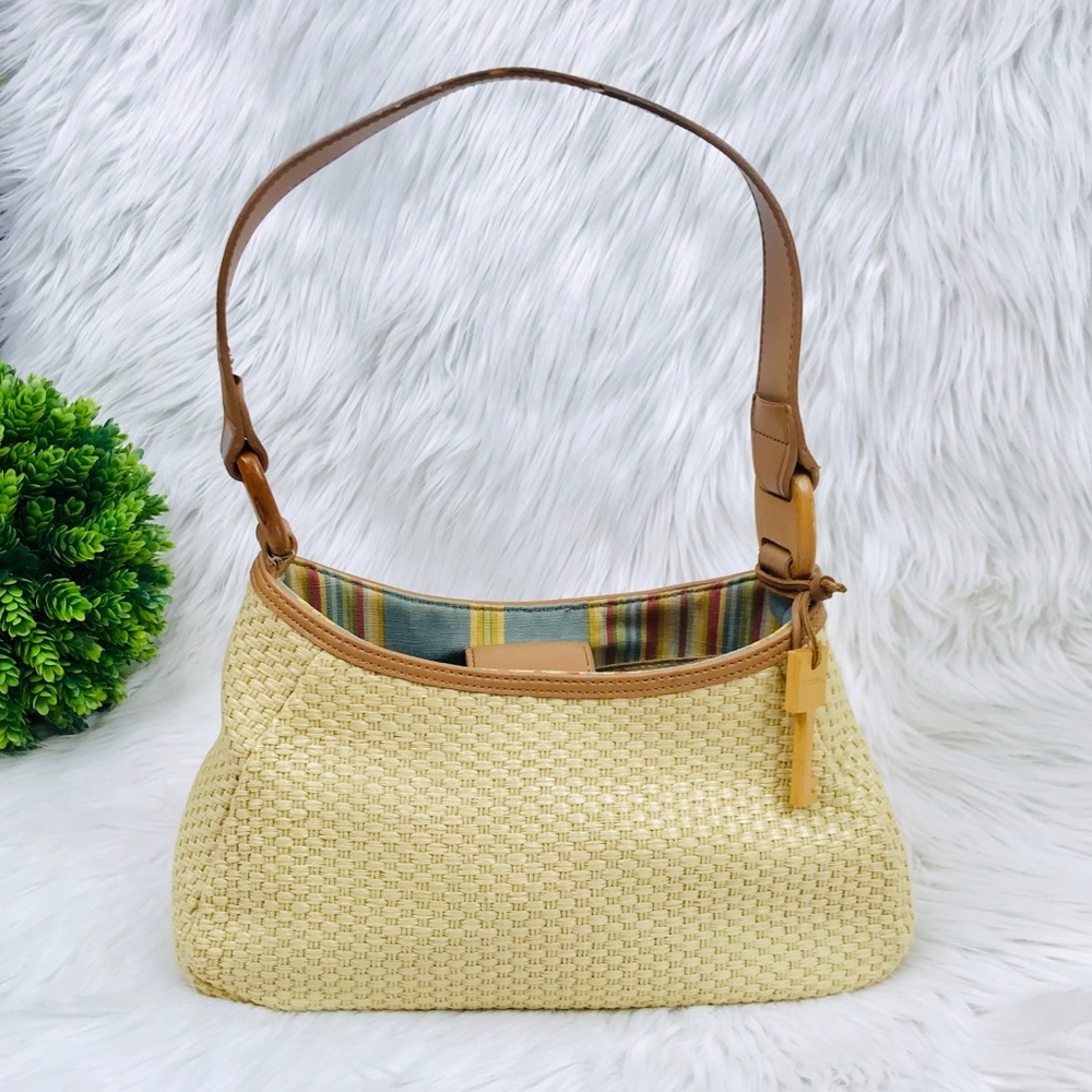 Fossil• Woven and Wood Leather Shoulder Bag